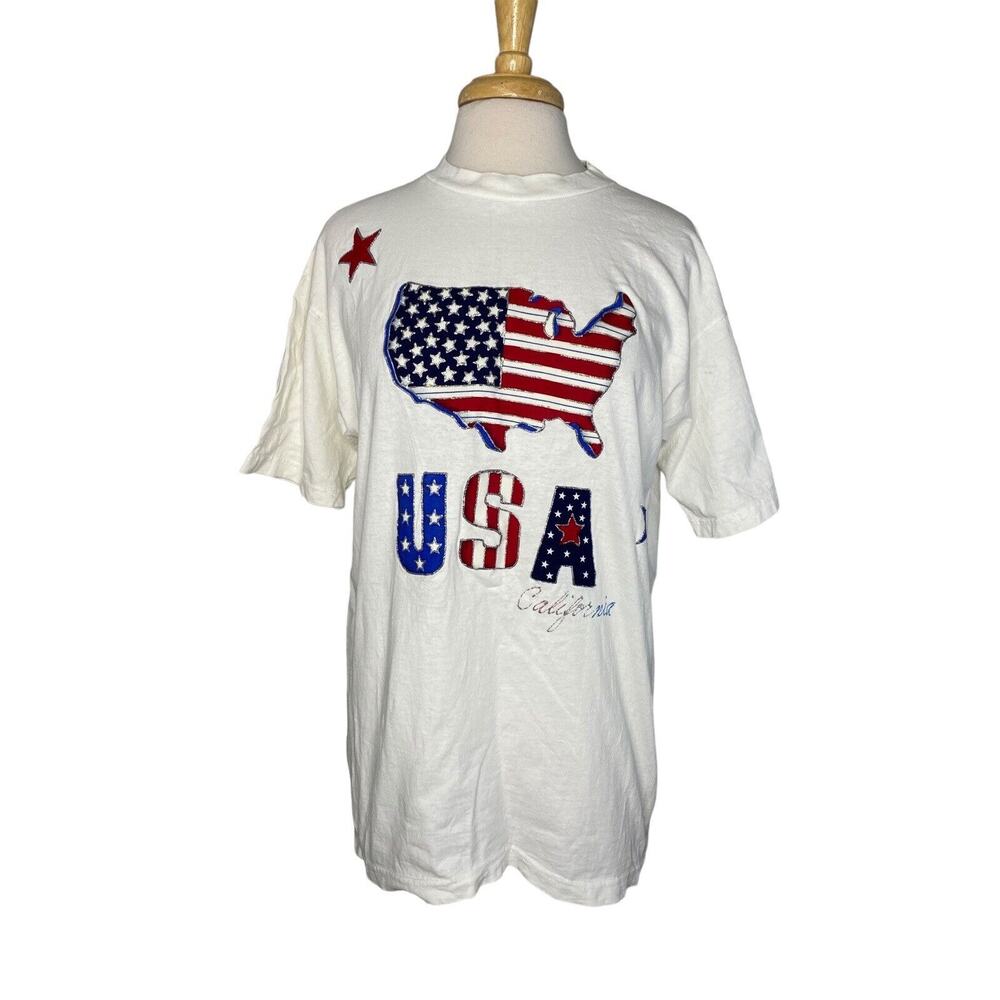 BAYSIDE Sparkly Patriotic USA California Graphic Print White Tee Large Unisex